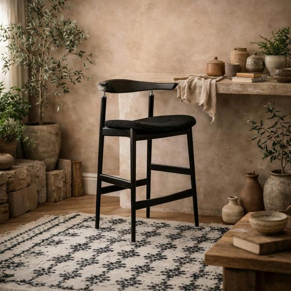 Wyld Haus Loughrea Upholstered Black Velvet Tweed Bar Stool