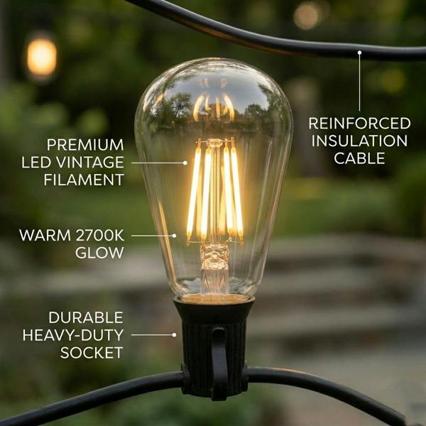 ENER-J LED String Lights 10.2m 2W S14 10Pcs LED Edison Filament Bulbs E27 Sockets Perfect for Party, Wedding, Anniversaries, Celebrations