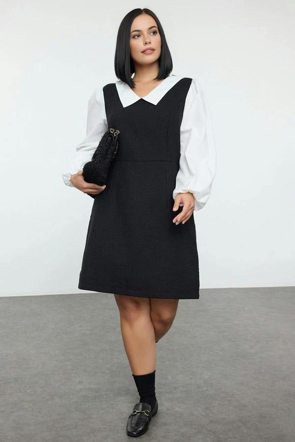 WOVCOR Shirt Collar Tweed Woven Plus Size Dress