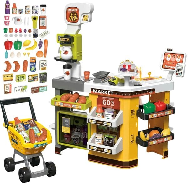 deAO Toys Kids Supermarket Pretend Play Set - Cash Register with Scanner, Lights & Sounds, Shopping Cart, 65 Accessories for Ages 3+