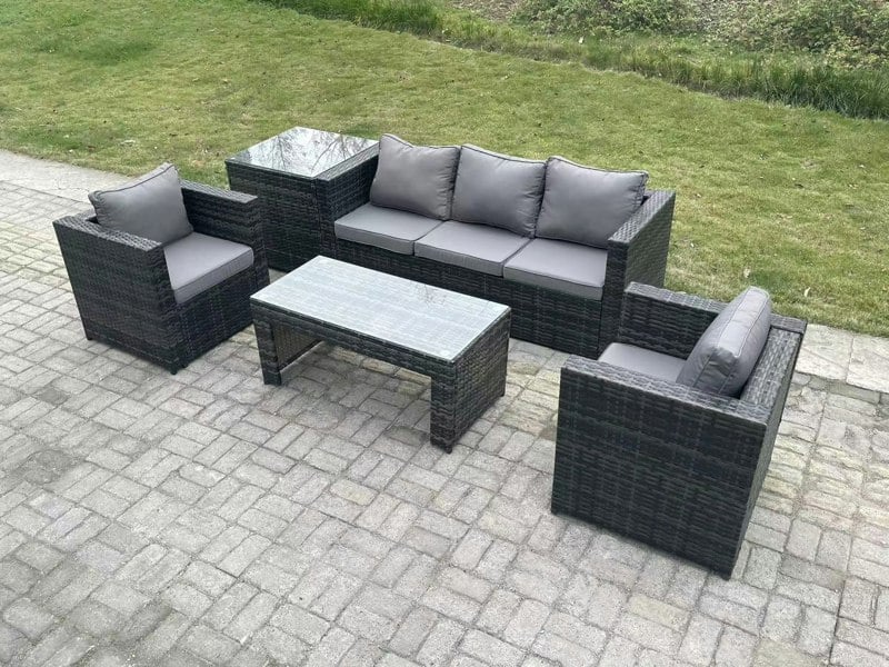 Fimous Lounge Rattan Sofa Set Outdoor Garden Furniture Oblong Rectangular Coffee Table With 2 Chairs Side Table