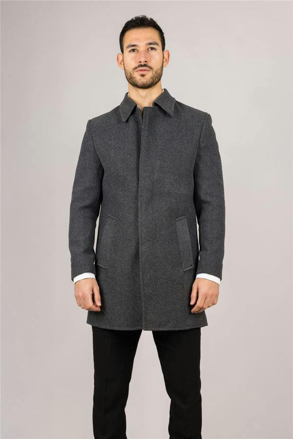 Infinity Leather Men's Wool Blend Classic Collar Grey Overcoat