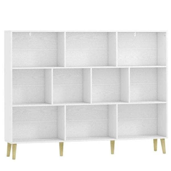 10-Cube Bookcase, 3-Tier Book Shelf with Solid Wood Legs, 140 cm Modern Bookshelf with Anti-Tip Kit for Bedroom, White