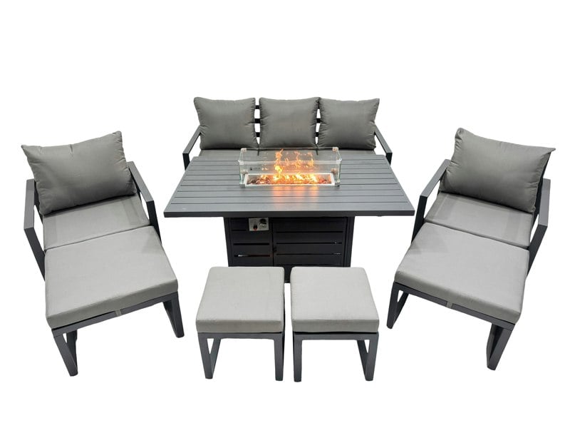 Fimous 9 Seat Outdoor Garden Furniture Set Aluminium Lounge 3 Seat Sofa Gas Fire Pit Table Sets with Chair 4 Stools Dark Grey