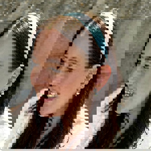 Light Blue Hair Band, Worn View, Soft Blue Satin Headband, Classic Slim Hair Accessory, Elegant Everyday Hairband, Vintage Inspired Light Blue Headpiece
