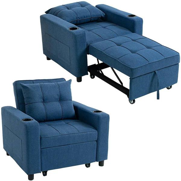 Dark blue single sofa bed with padded arms and fold-out sleeper mattress
