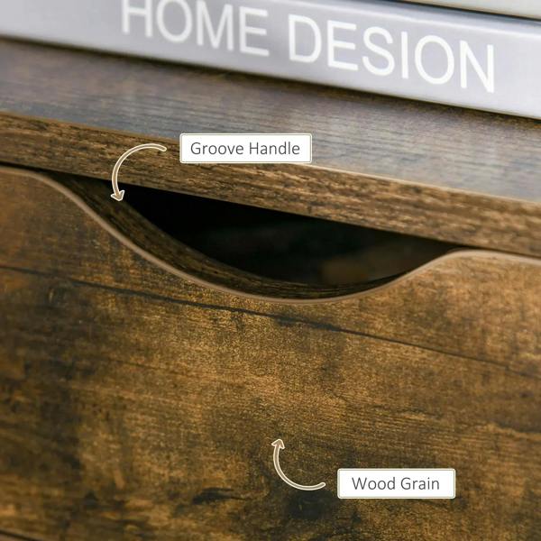 Rustic brown drawer front with curved groove handle detail