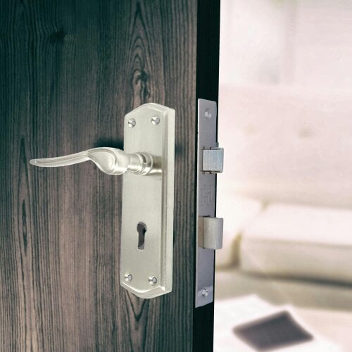 EDH Door Hardware Premium Satin Nickel Internal Lock Door Handles with Long Back Plate and 3 Lever Mortise Sash Lock - Stellar Design