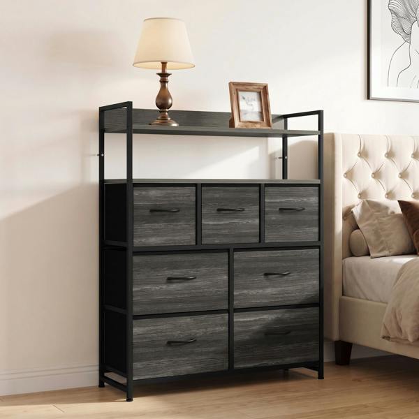HOMCOM Chest of Drawers, Bedroom Fabric Dresser, Grey Wood-Effect