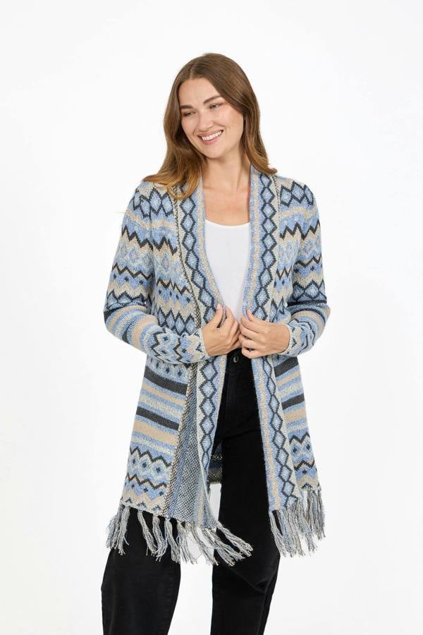 Mudflower Aztec Print Bordered Fringed Longline Cardigan