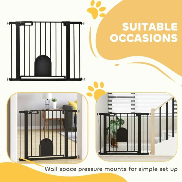 Black pet safety gate with cat flap door, shown for doorways and stairs