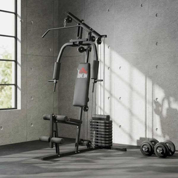 Black multifunction home gym machine with padded seat, pulldown arms, and weight stack