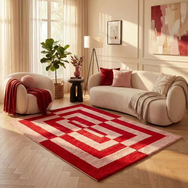 Red and white geometric patterned rug living room area