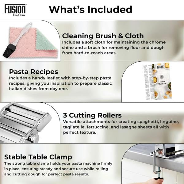 Fusion Food Care Pasta Maker Machine 3-in-1 430 Stainless Steel - for Spaghetti, Tagliatelle, Fettuccine, Lasagne Sheets Adjustable Spaghetti Maker