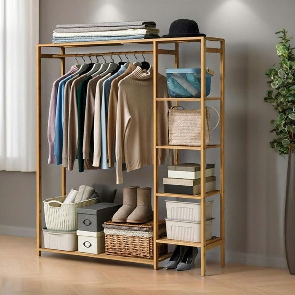 Rafaelo Mobilia Natural Wooden Bamboo Clothes Rail With 5 Shelves Open Wardrobe Garment Rail Garment Rack