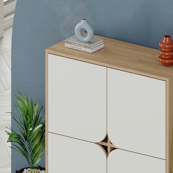 Decortie Modern Spark Cabinet 4-Doors Storage Engineered Wood Display Unit with Black Metal Legs 90(W)cm Oak
