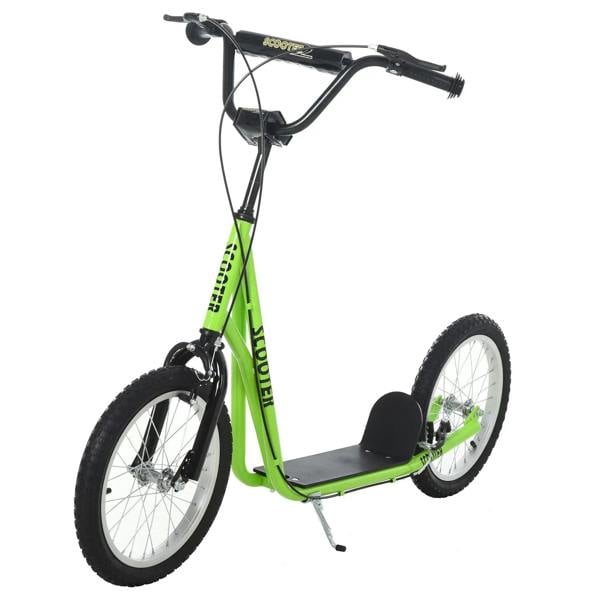 Kids kick scooter with green frame, black handlebars, and wide front wheel