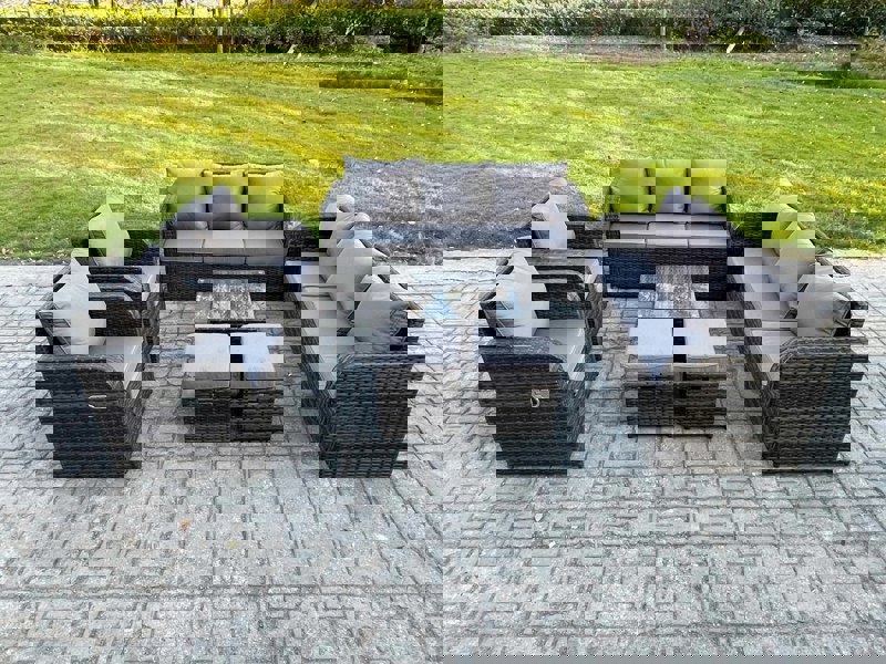 Fimous High Back Rattan Garden Furniture Set with Square Coffee Table 2 Small Footstools Indoor Outdoor Patio Lounge Sofa Set Dark Grey Mixed