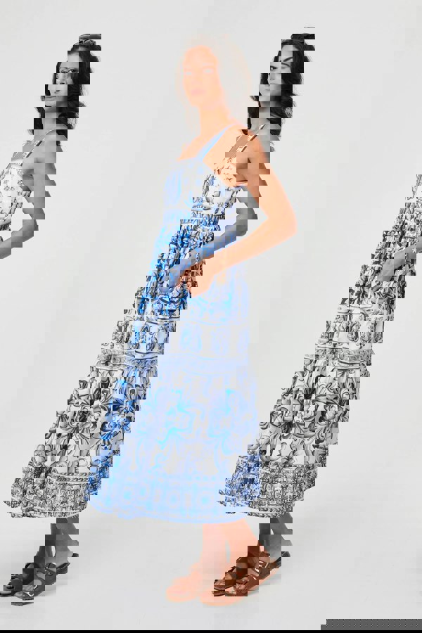 Blue | Mosaic Print Wide Strap Midi Sun Dress
