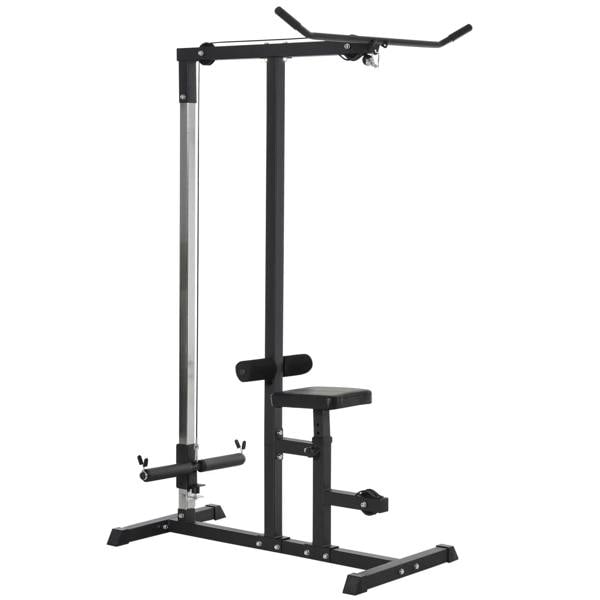 Black exercise pulley power tower with adjustable seat and low pulley handles