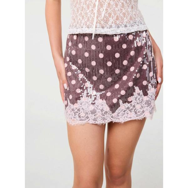 Pink Vanilla Polka Dot Lace Sequin Mini Skirt