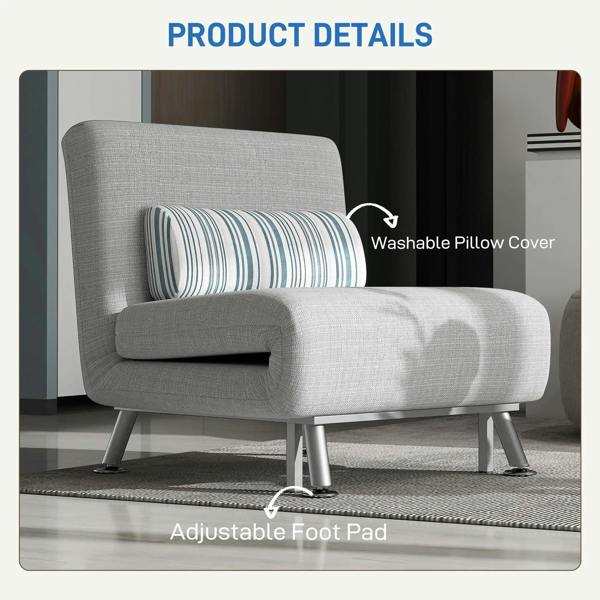 Light grey single sofa bed with washable striped pillow cover and adjustable feet