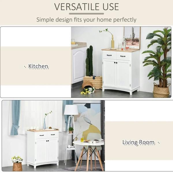 White storage cabinet with light wood top, two drawers, and double doors