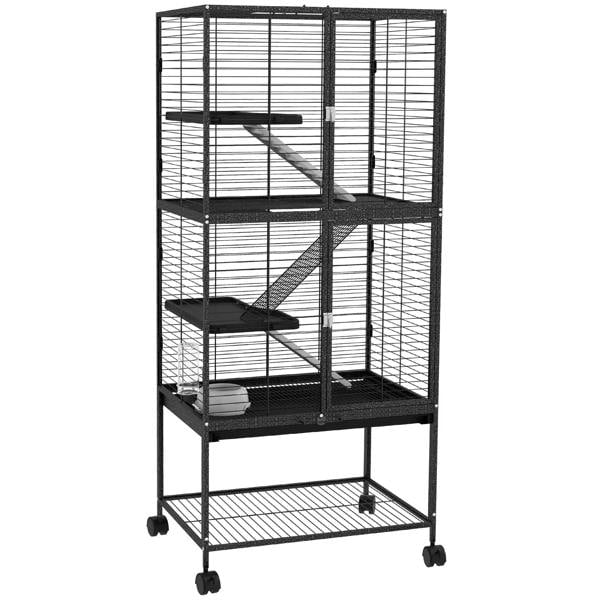 Charcoal grey multi-level wire small animal rolling cage with ramps and access doors
