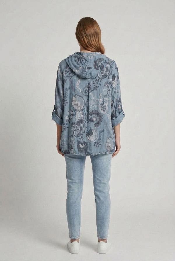 Blue | Floral Zip Front Hooded Relaxed Jacket
