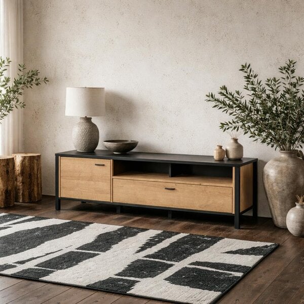 Wyld Haus Egtved Black and Natural Oak Wood Effect TV Unit 1 Door 1 Drawer