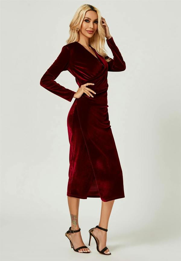 FS Collection Velvet Wrap Style Long Sleeve Midi Dress In Wine