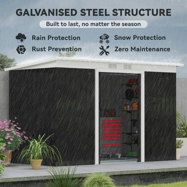 Dark grey metal garden shed with double doors and sloped roof, rain-protection style view