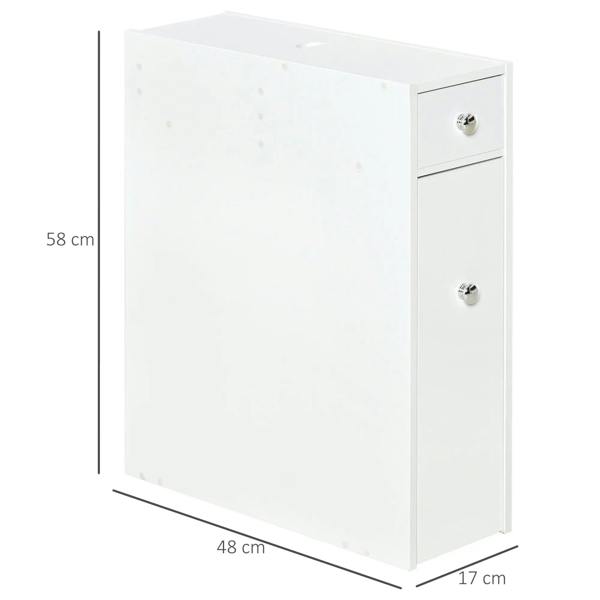 White slim floor cabinet measuring 48 x 17 x 58 cm, with two drawers