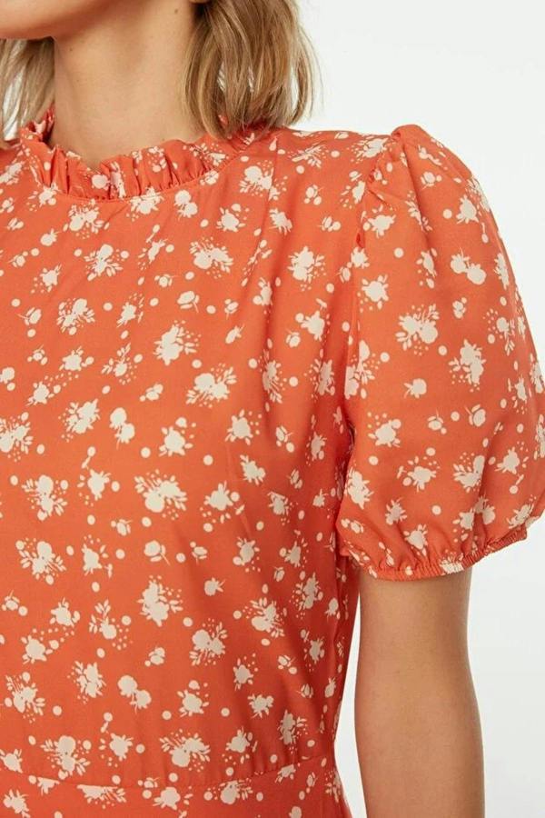 WOVCOR Patterned A-Line Ruffled Lined Midi Woven Dress
