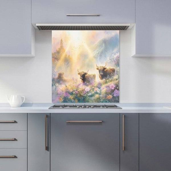 Warren Reed Highland Cows in Spring Glass Kitchen Splashback - 00021