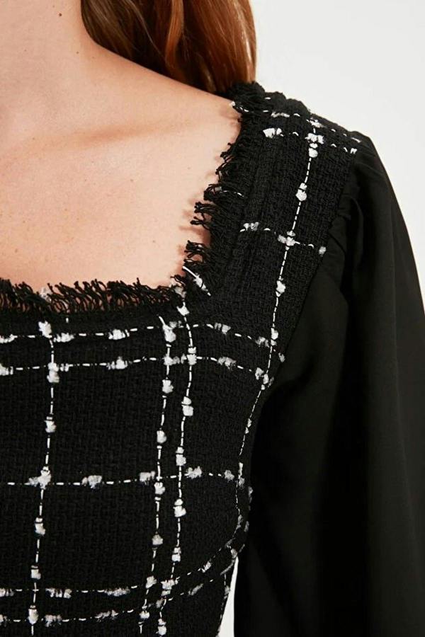 WOVCOR Tweed Argyle A-Line Mini Woven Dress with Chiffon Sleeve Detail
