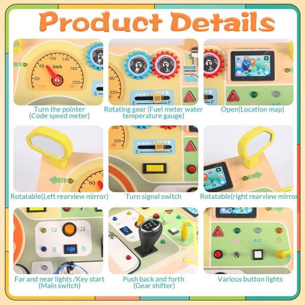 Dyzi Baby Car Driving Steering Wheel Switch - Wooden Montessori Busy Board - Preschool Learning Toy for Kids