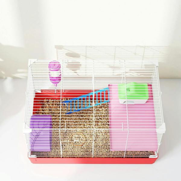 Small red and white hamster cage with running wheel, house, and ladder, with hamster inside.