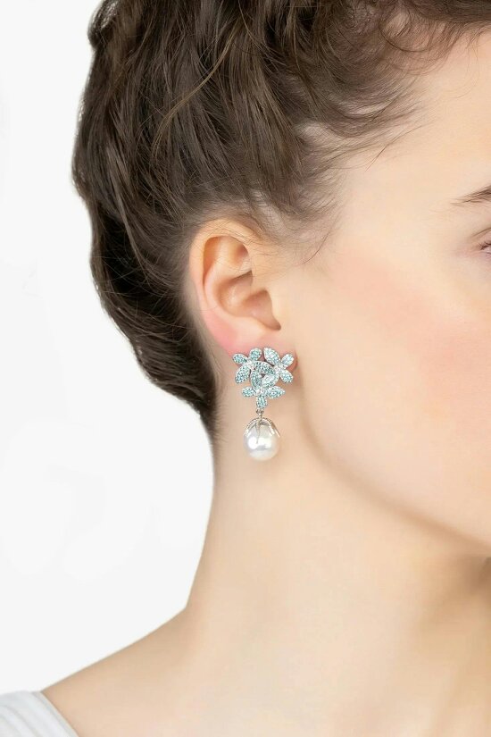 Latelita Flowers Pearl Earrings Aqua Blue Silver