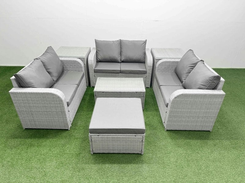 Fimous  8 Seater PE Wicker Rattan Furniture Sofa Sets with Rectangular Coffee Table 2 Seater Love Sofa 2 Stool Light Grey
