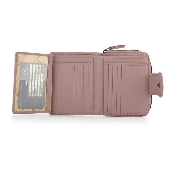 Pink wallet with card slots and a zipper on a white background