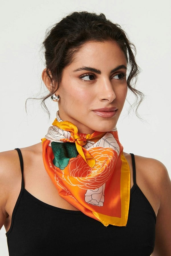 Orange | Floral Border Print Satin Square Scarf
