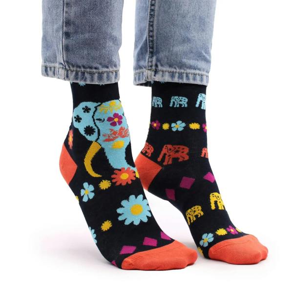 Kids bamboo socks, black with colorful elephant, flower prints and orange toe cuffs