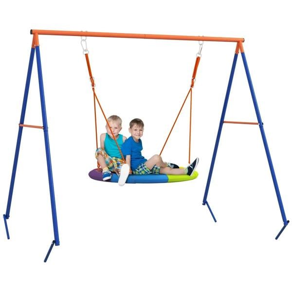Kids nest swing seat with A-frame metal stand, blue legs, orange top bar, multicolor cushion