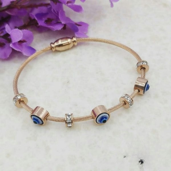 The Colourful Aura Blue Evil Eye Brass Gold Zircon Magnetic Bangle Bracelet