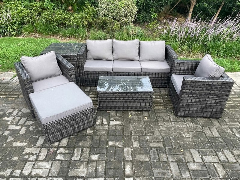 Fimous Rattan Garden Lounge Set - Dark Grey Mixed Indoor/Outdoor Patio Sofa with 3-Seater Sofa, Coffee Table & 2 Armchairs