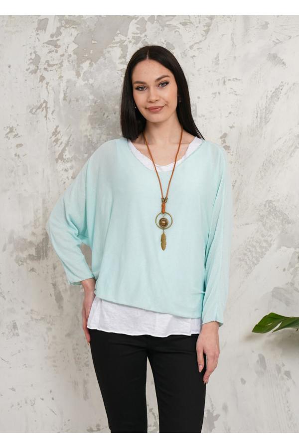Hoxton Gal Oversized Long Sleeves Double Layered Top with Necklace in Mint