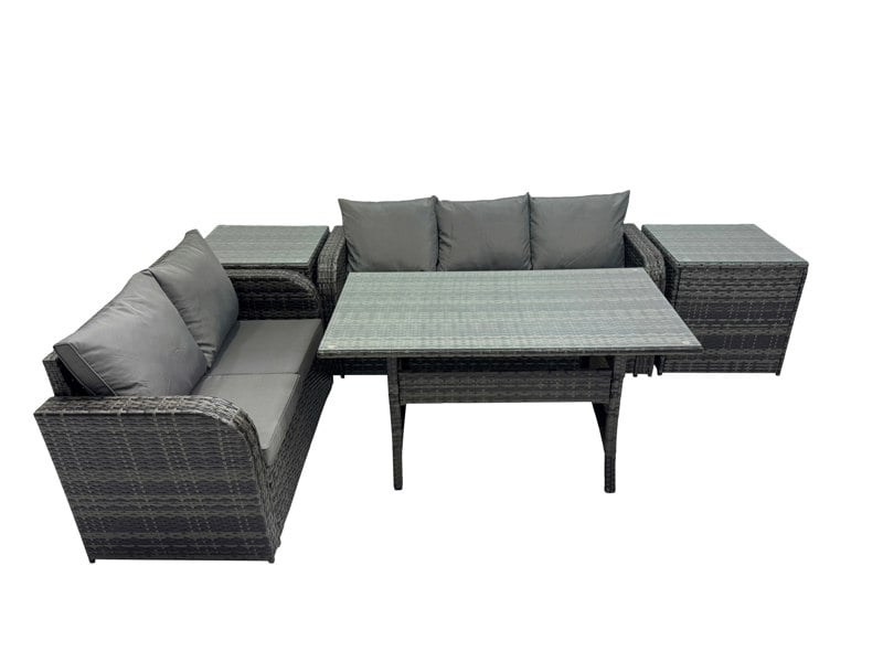 Fimous 5 Seat Outdoor Wicker PE Rattan Garden Furniture Set Dining Table Sofa Sets with 2 Side Tables Dark Grey Mixed