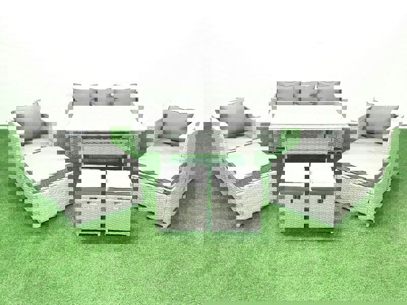 Fimous Rattan Garden Furniture Set Outdoor 9 Seater Patio Dining Sets with Glass Top Dining Table Light Grey Mixed