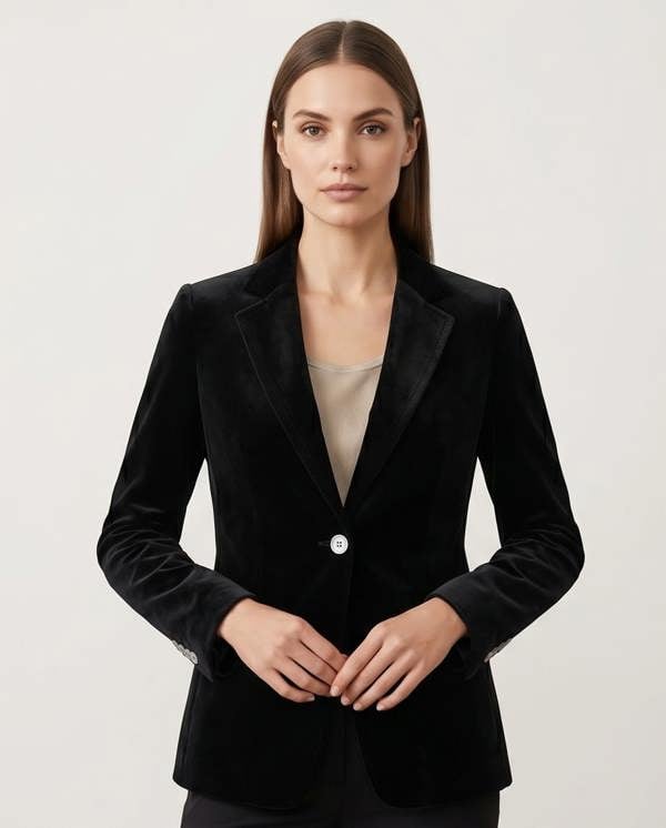 Woman wearing a black blazer against a plain background
